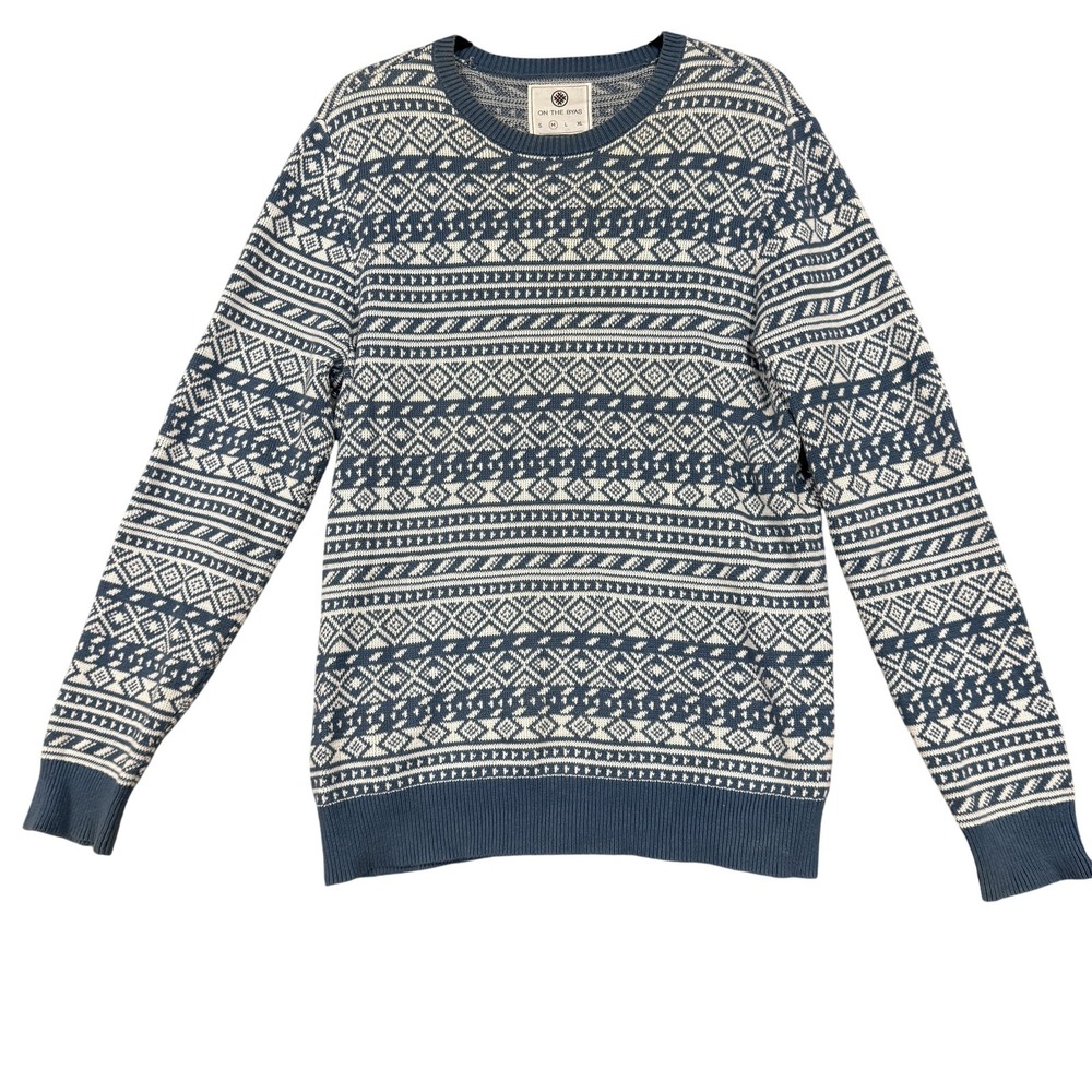 On The Byas Sweater Mens Medium Blue Fair Isle Knit Cotton Crewneck Pullover